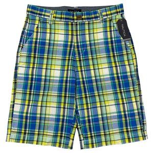 Nautica Bright Green White & Blue Jordyn Plaid Twill Shorts Big Boys 12 14 16